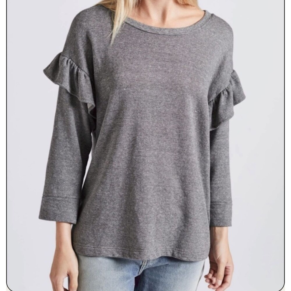 Current/Elliott Ruffle Sweatshirt Heather Grey Woven Jersey Quarter Sleeve sz 1